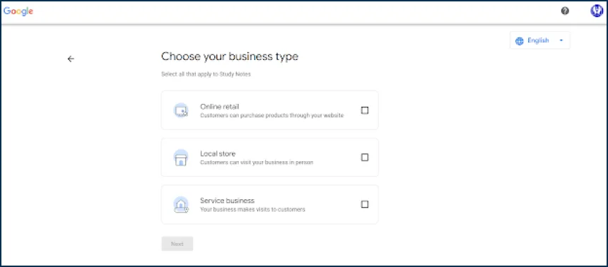 4th step of creating GMB profile- choosing the business type