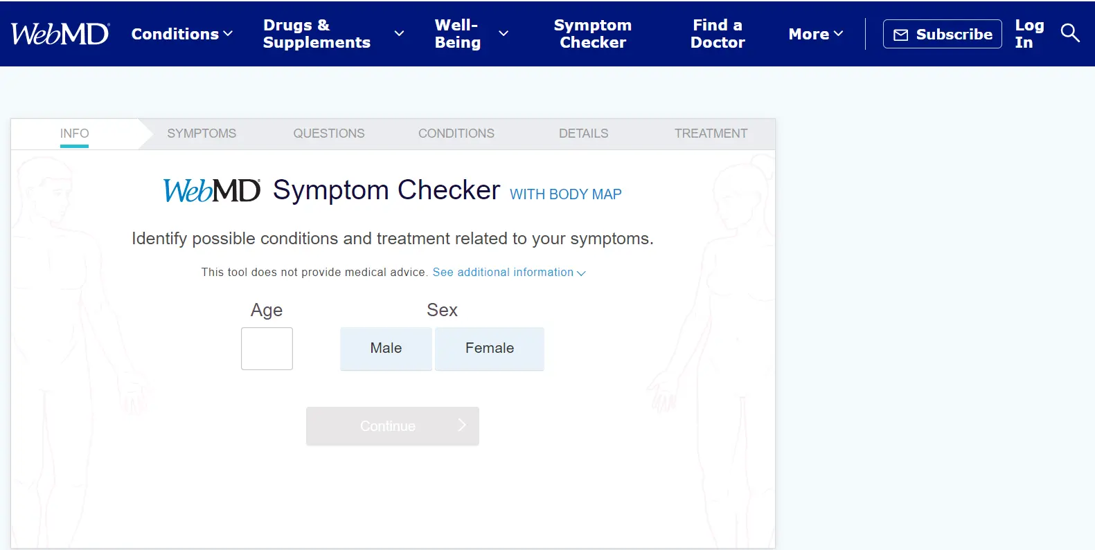 Image of website showing symptoms checker tool