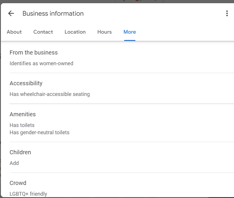 Attributes in the GMB profile which shows other information about the business