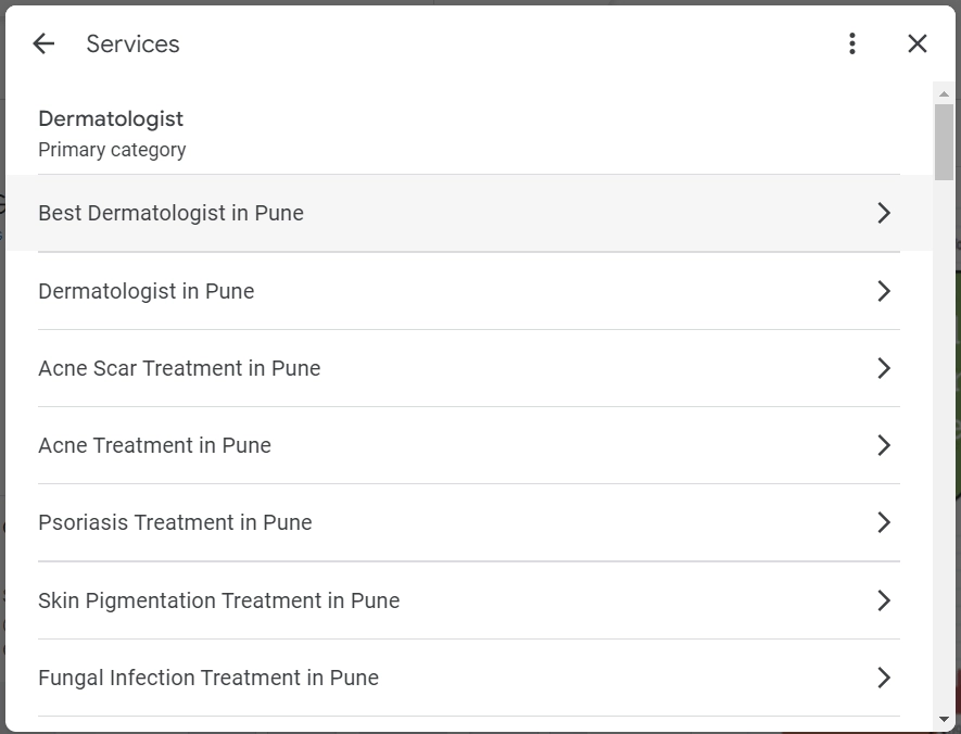 Image showing list of services added in the GMB profile of dermatologist