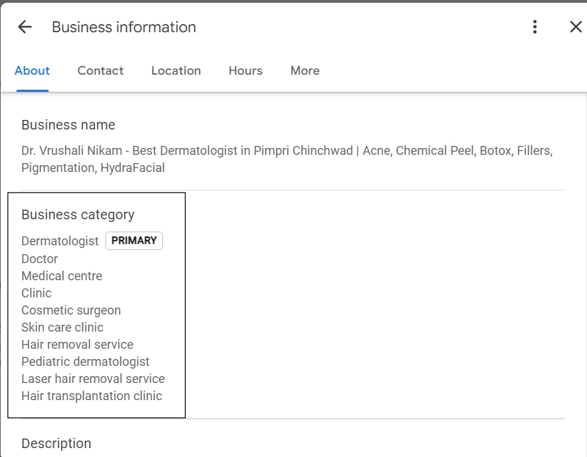 image showing list of different categories which we can add in the GMB profile of dermatologist