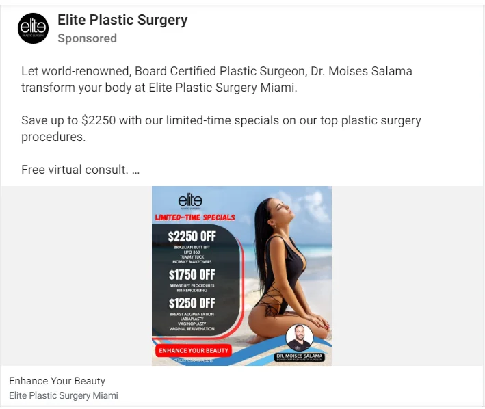 a profile of Elite surgery showing their ad campaign