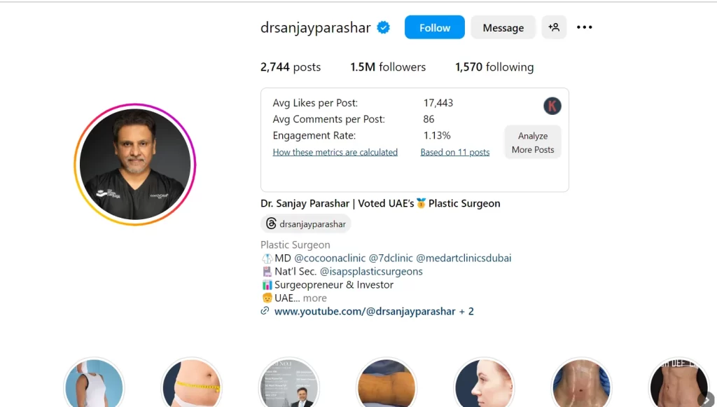 an instagram profile of a doctor showing their engagement stats