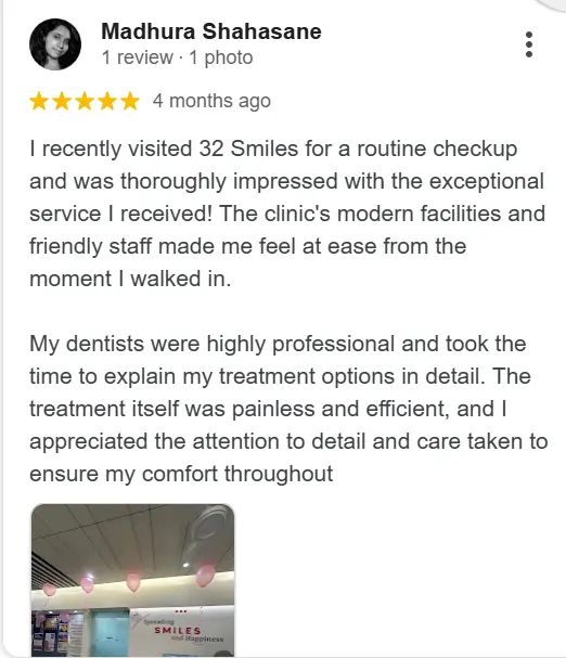 a 5-star review for dental clinic- 32smiles