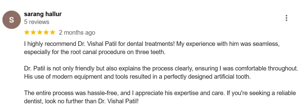 a 5-star review for dental clinic- Vishal dental clinic