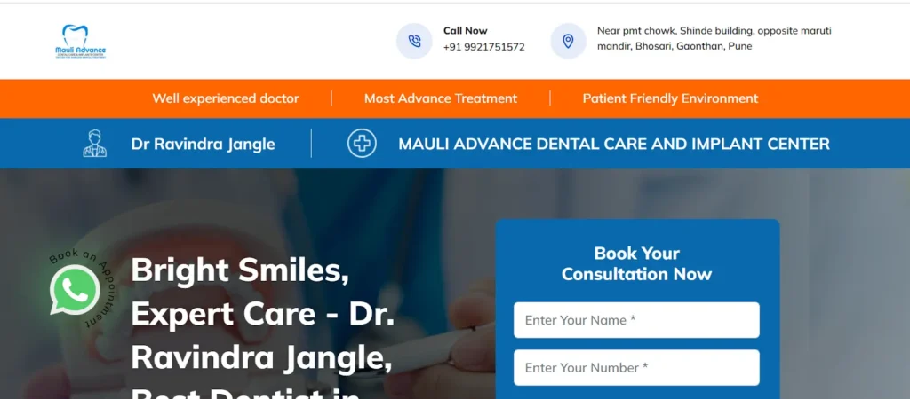 Mauli Advance Dental Care and Implant Center website banner image