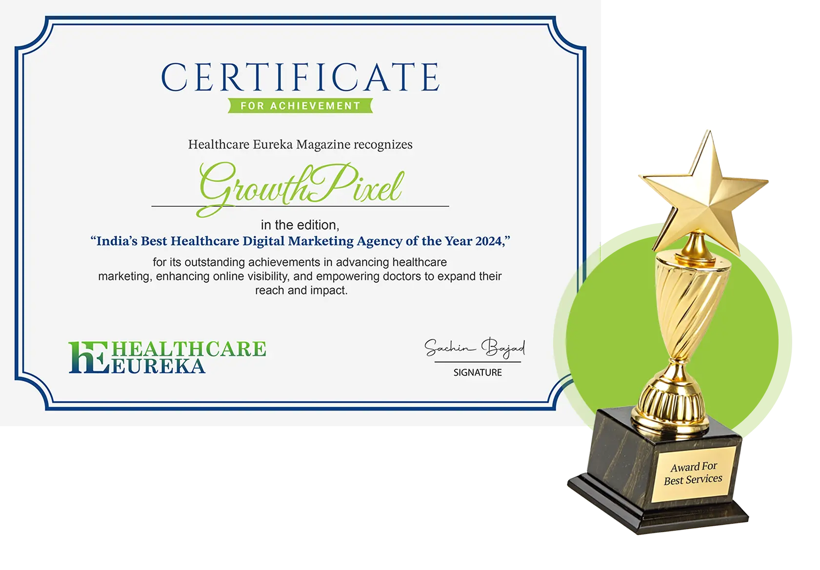 Award certificate recognizing GrowthPixel as India’s Best Healthcare Digital Marketing Agency of the Year 2024 by Healthcare Eureka Magazine