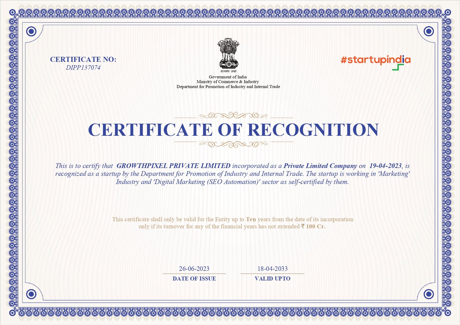 GrowthPixel Recognized by Startup India What It Means for Our Clients & Partners