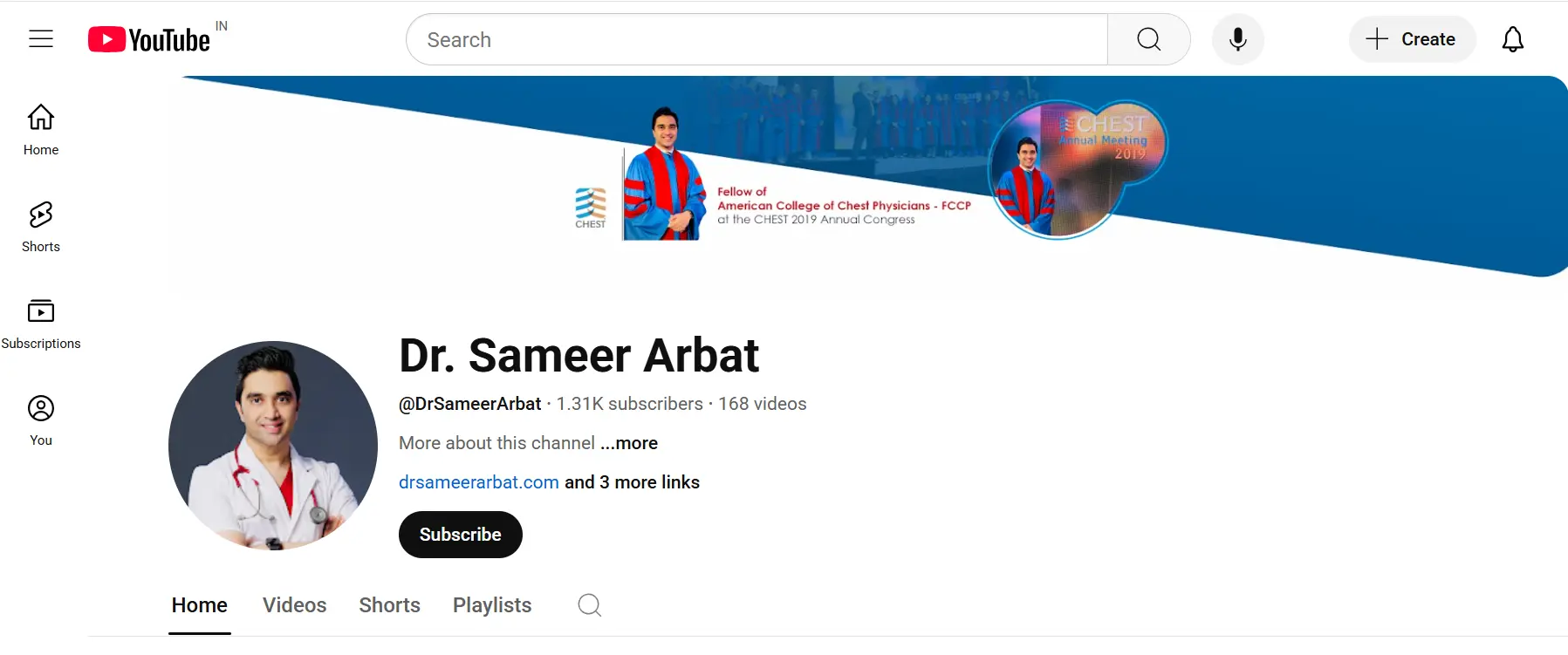 Dr. Sameer Arbat’s YouTube channel banner with his academic achievements and subscriber count