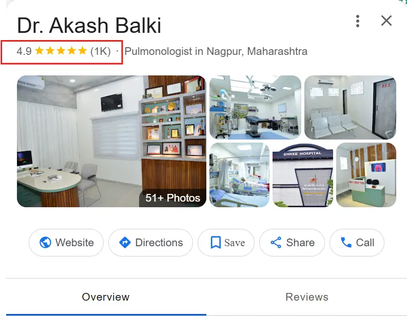 Google Business Profile of Dr. Akash Balki with a 4.9-star rating and photos of his clinic