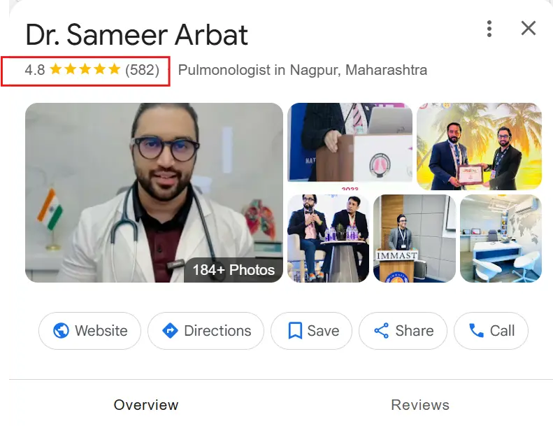 Google Business Profile of Dr. Sameer Arbat, a pulmonologist in Nagpur, showing a 4.8-star rating and photos from his clinic
