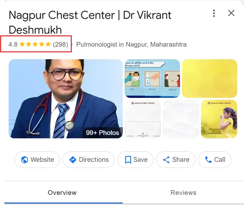 Google Business Profile of Nagpur Chest Center, with Dr. Vikrant Deshmukh’s profile and rating