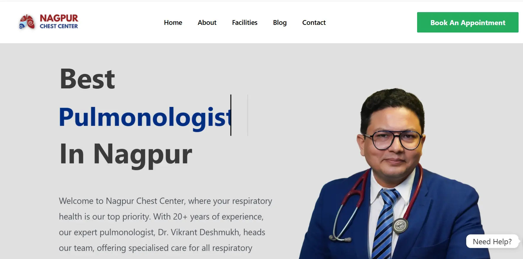 The homepage of Nagpur Chest Center website, featuring Dr. Vikrant Deshmukh and services offered