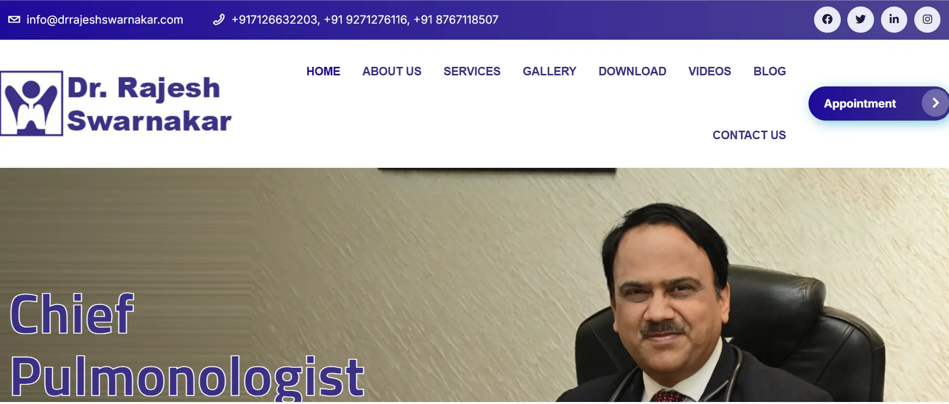Website of Dr. Rajesh Swarnakar, showcasing his profile as a Chief Pulmonologist in Nagpur