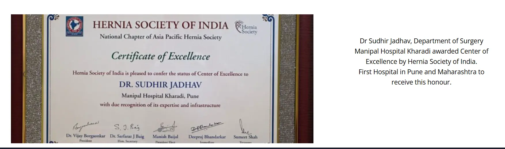 Certificate of Excellence awarded to Dr. Sudhir Jadhav by Hernia Society of India