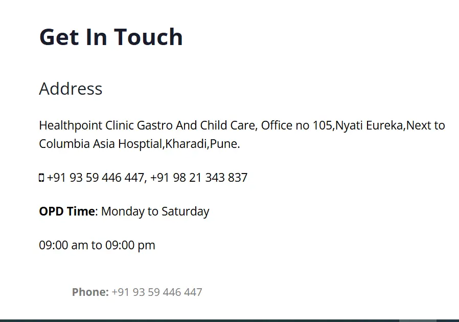 Clinic contact details and OPD timings