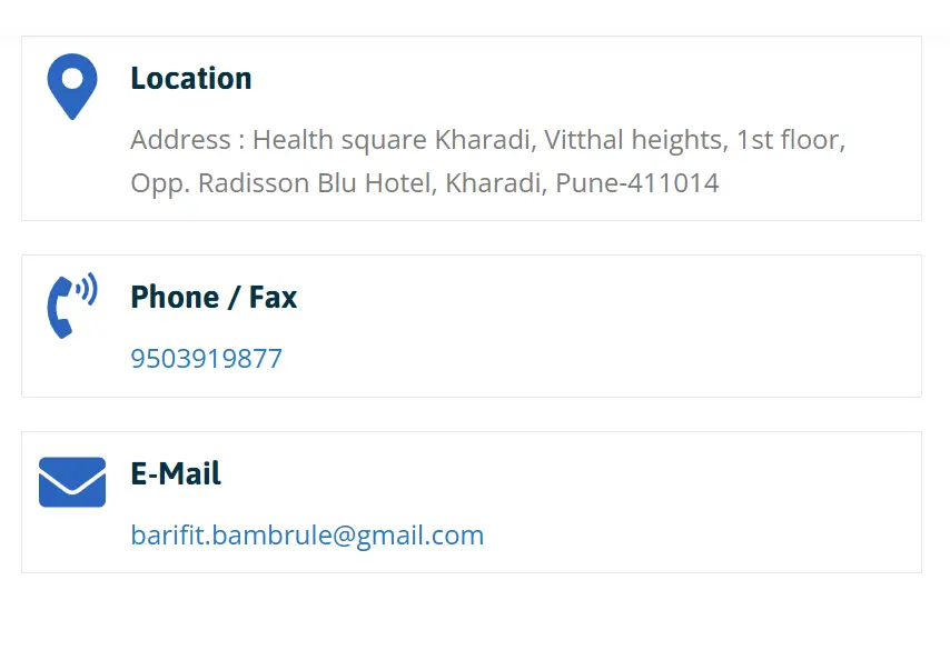 Clinic location, phone number, and email contact details