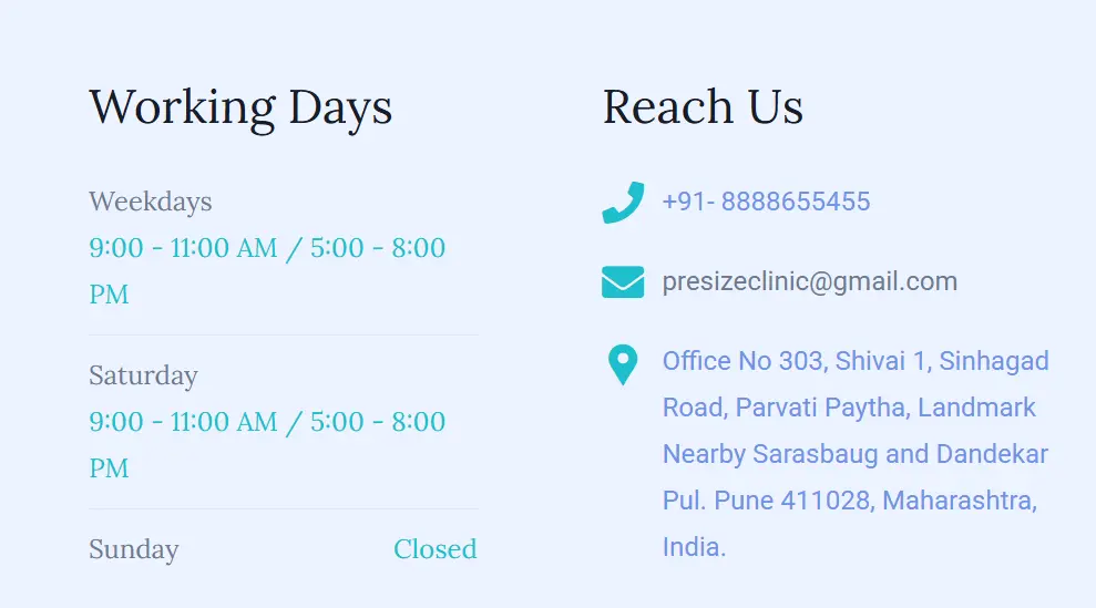 Clinic working days and contact information section with phone, email, and address