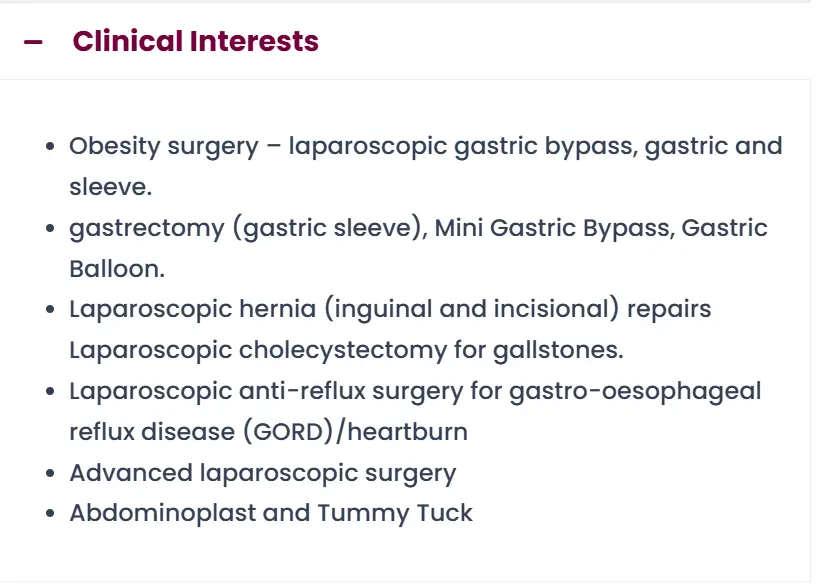 Doctor’s qualifications MBBS, DNB, FASI, FMAS, advanced laparoscopic surgery, bariatric fellowship