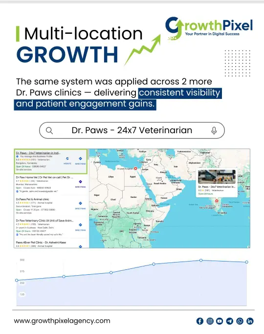 Dr. Paws_ growth across multiple locations with visible improvements in patient engagement and search visibility