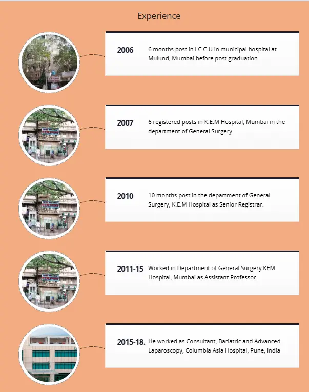 Experience timeline with hospital photos and job details
