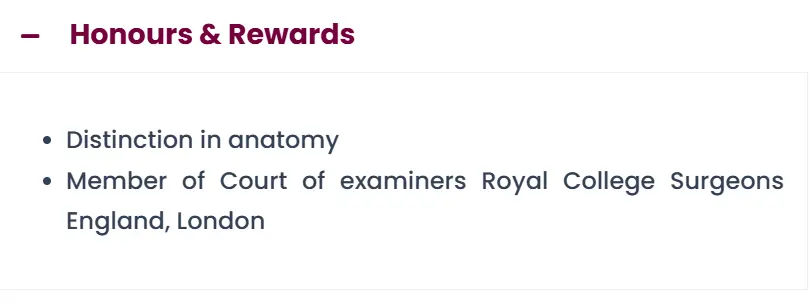 Honours and rewards listed with anatomy distinction and membership