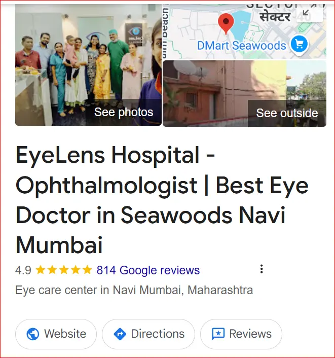 Google Business Profile of EyeLens Hospital in Seawoods Navi Mumbai with 814 Google reviews and 4.9-star rating
