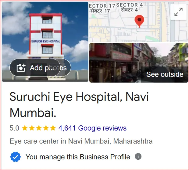 Google Business listing of Suruchi Eye Hospital in Navi Mumbai with 5-star rating and 4641 reviews