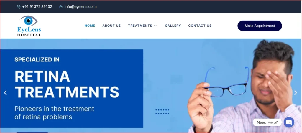 Homepage of EyeLens Hospital highlighting retina treatment services with a man holding his glasses in discomfort