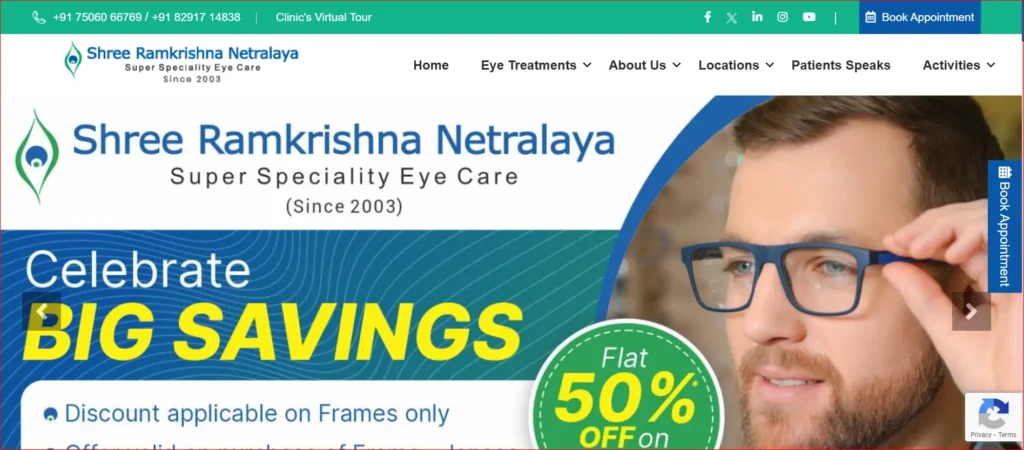 Homepage of Shree Ramkrishna Netralaya displaying discount offer on eyeglass frames and tagline Celebrate Big Savings