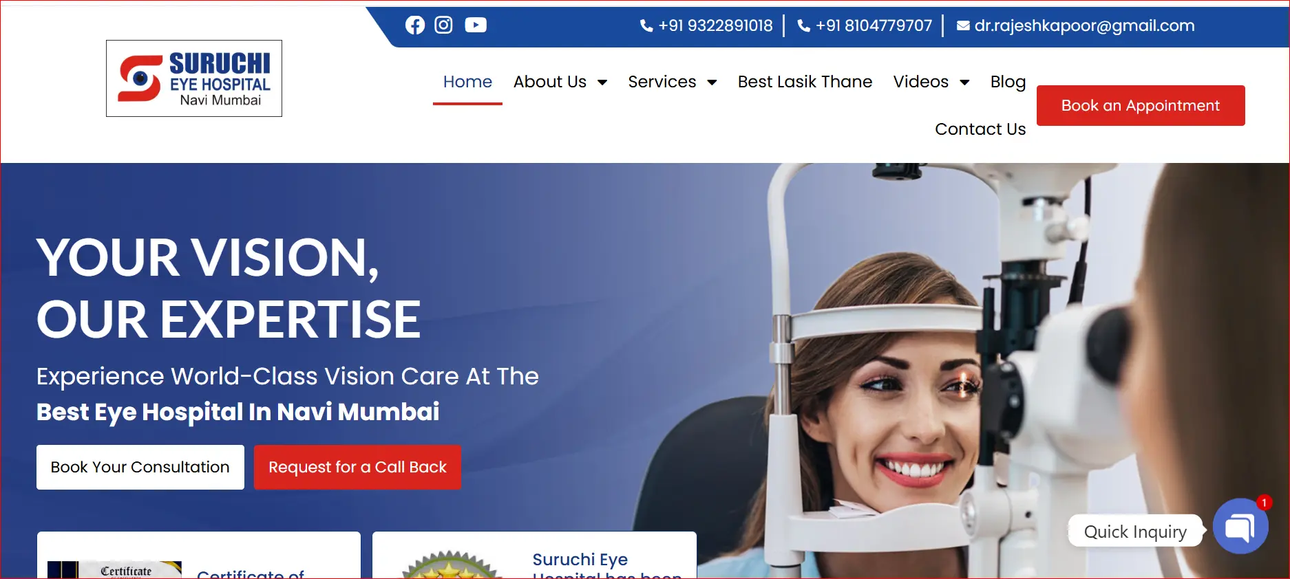 Homepage of Suruchi Eye Hospital showcasing tagline Your Vision, Our Expertise and a patient undergoing eye examination