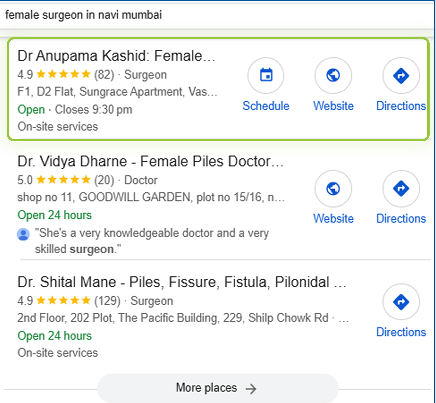Google Search results showing Dr Anupama kashid at the top for Female Sugreon in mumbai