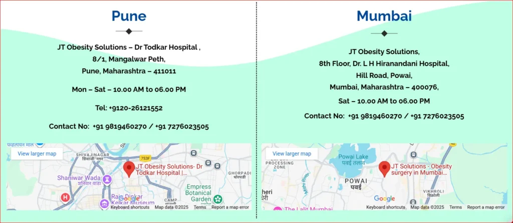 JT Obesity Solutions clinic addresses and timings in Pune and Mumbai with contact numbers and maps