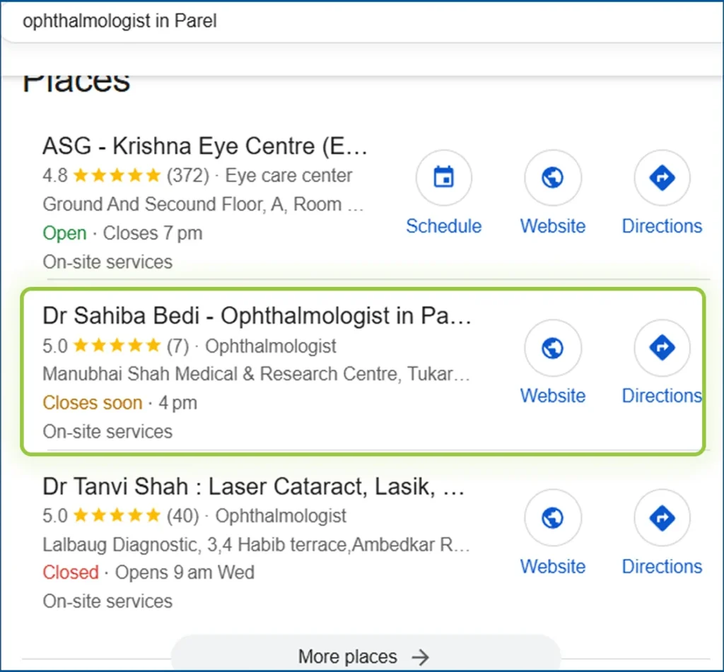 ophthalmologist in parel dr sahiba bedi google ranking