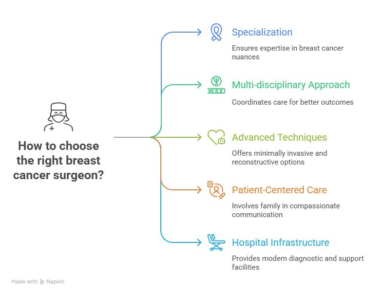 Infographic outlining five key factors in choosing the right breast cancer surgeon: Specialization, Multi-disciplinary Approach, Advanced Techniques, Patient-Centered Care, and Hospital Infrastructure, each explained with icons and brief descriptions.