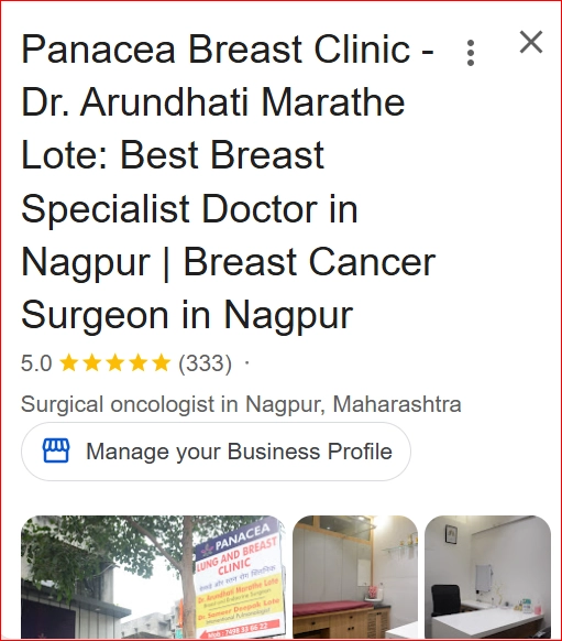 Google Business Profile of Panacea Breast Clinic in Nagpur, showing a 5-star rating with 333 reviews for Dr. Arundhati Marathe Lote, listed as the best breast cancer surgeon and breast specialist doctor in Nagpur.