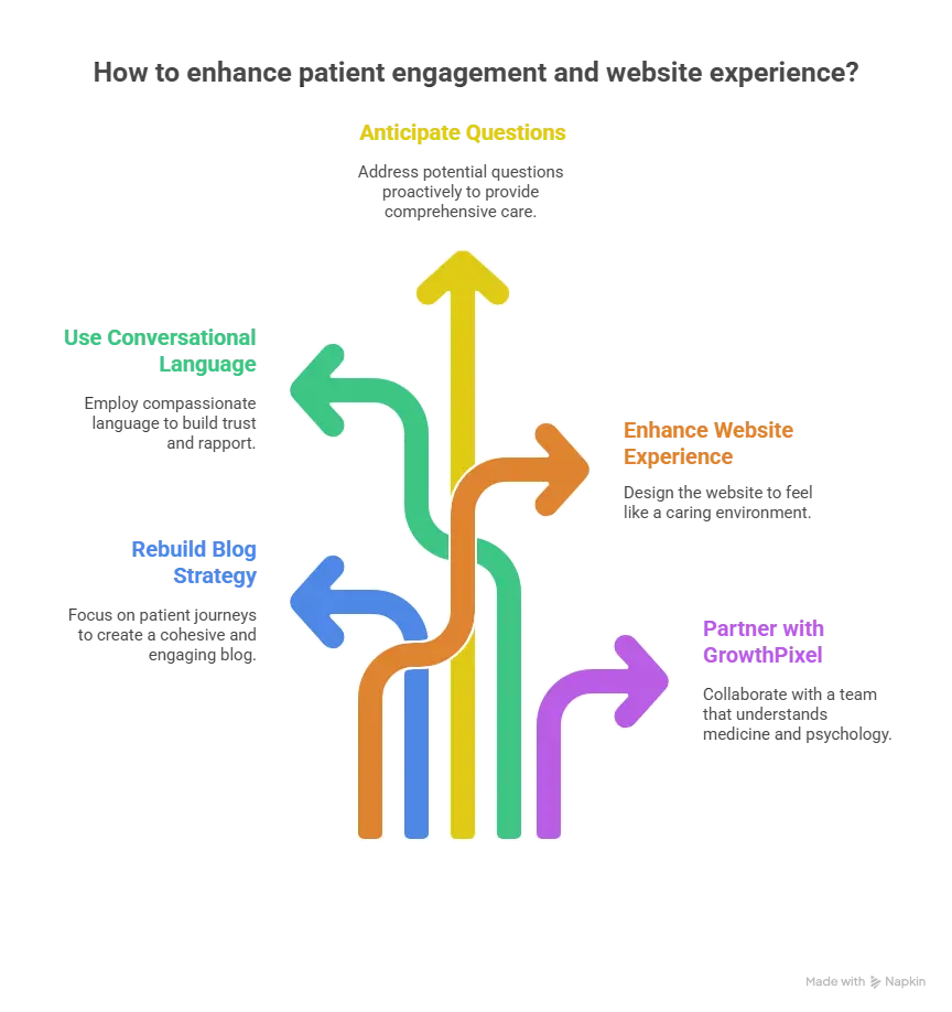 Infographic showing five arrows with tips to improve patient engagement and website experience