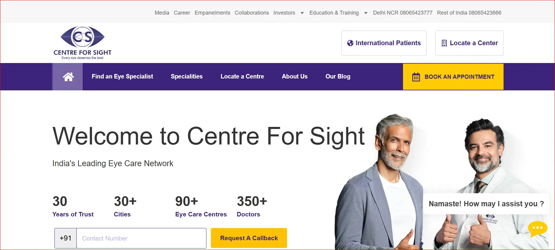 Centre For Sight homepage showing two doctors and information about India’s eye care network