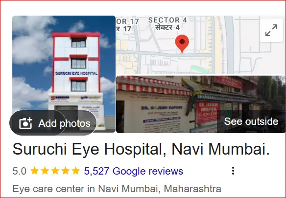 Google Business Profile of Suruchi Eye Hospital Navi Mumbai showing hospital building, location, and reviews