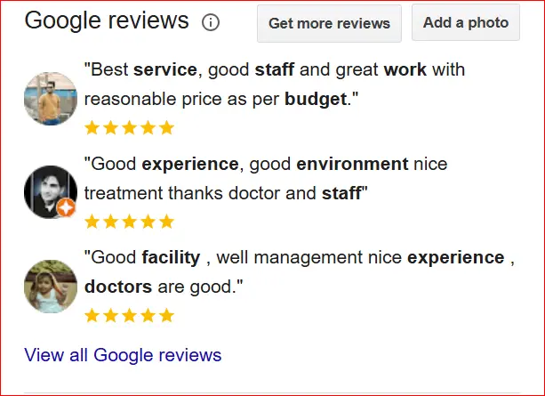 Google reviews of eye hospital showing patient feedback, star ratings, and comments