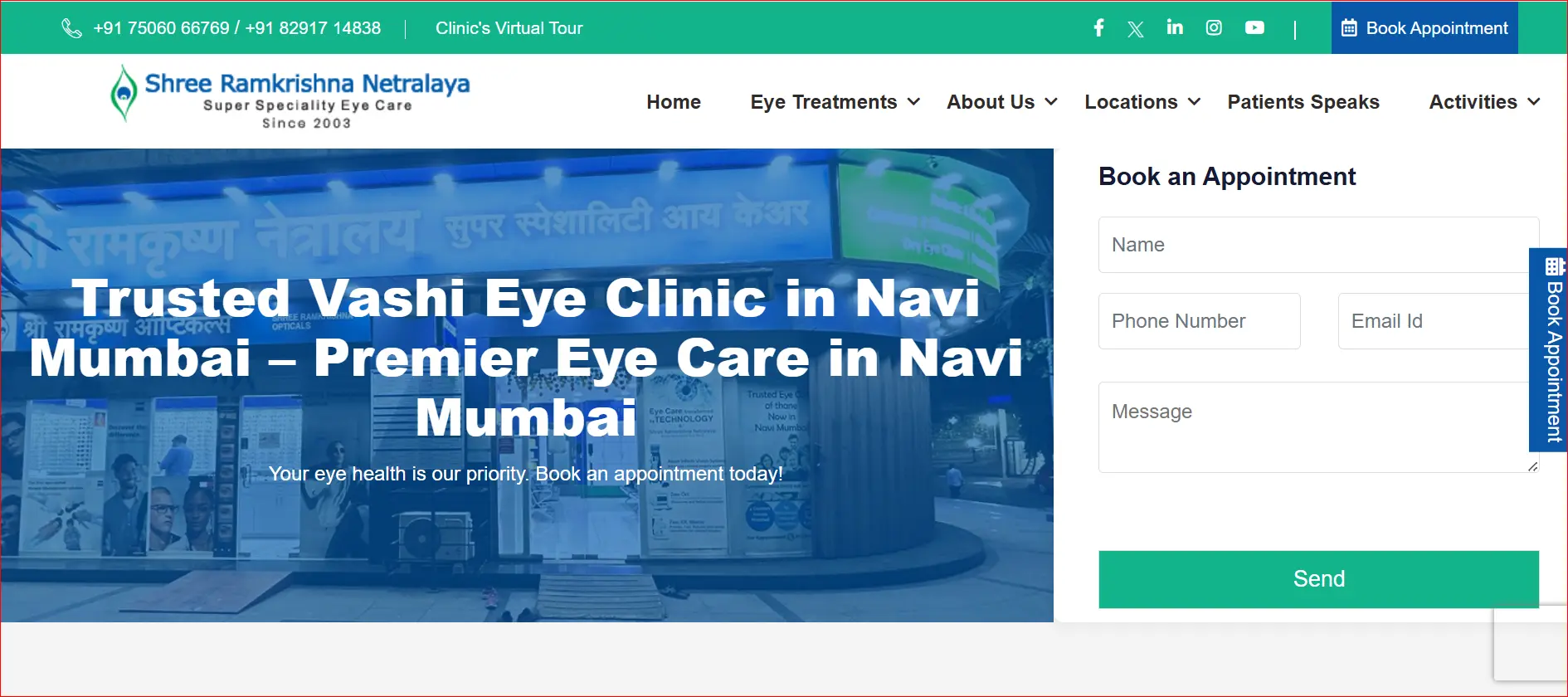 Shree Ramkrishna Netralaya eye clinic in Vashi Navi Mumbai showing clinic exterior with headline about trusted eye care