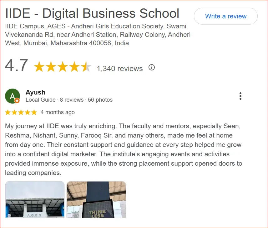 IIDE Mumbai campus review 4.7 stars 1340 reviews