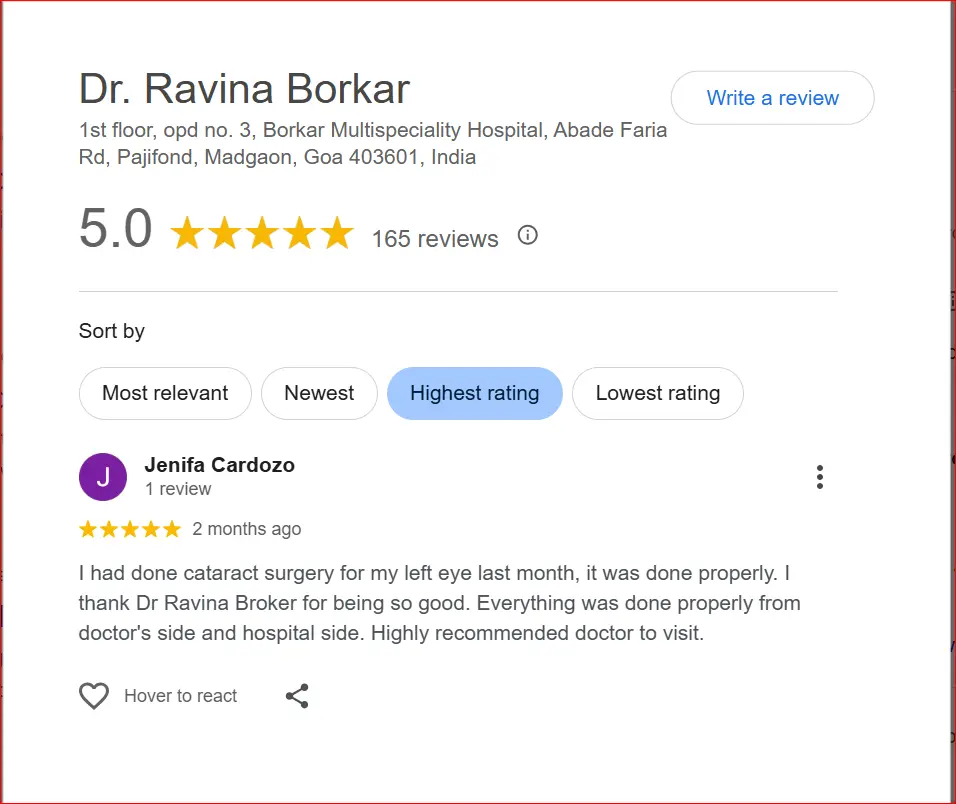 Patient review for Dr Ravina Borkar ophthalmologist Goa