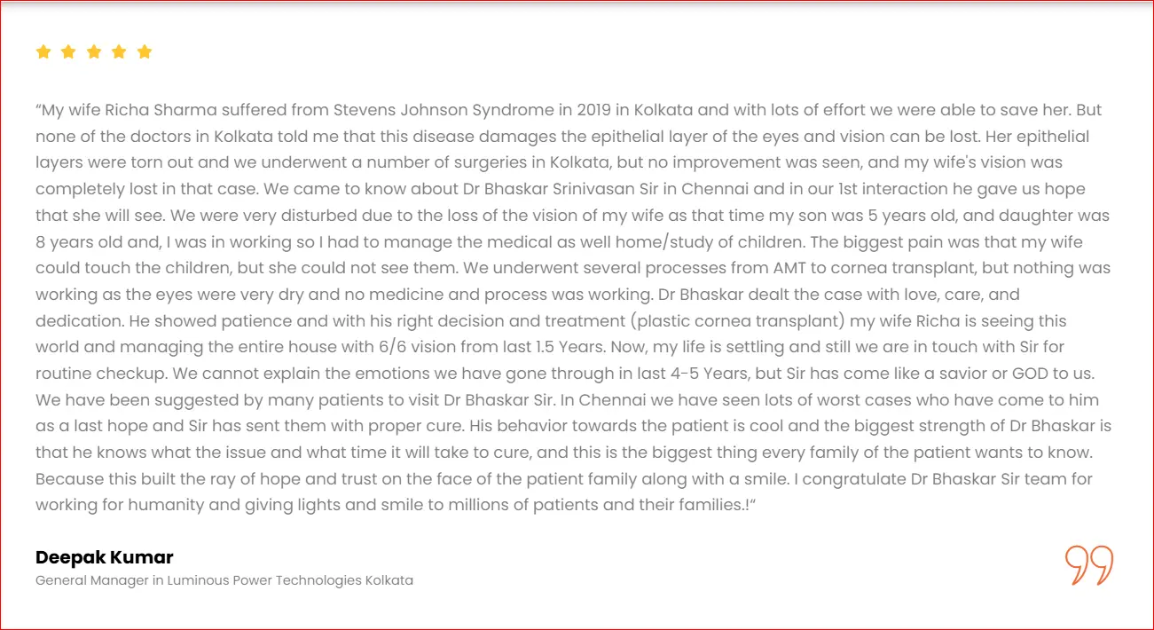 Patient testimonial for corneal transplant surgery success Dr Bhaskar Srinivasan corneal transplant surgeon in Chennai