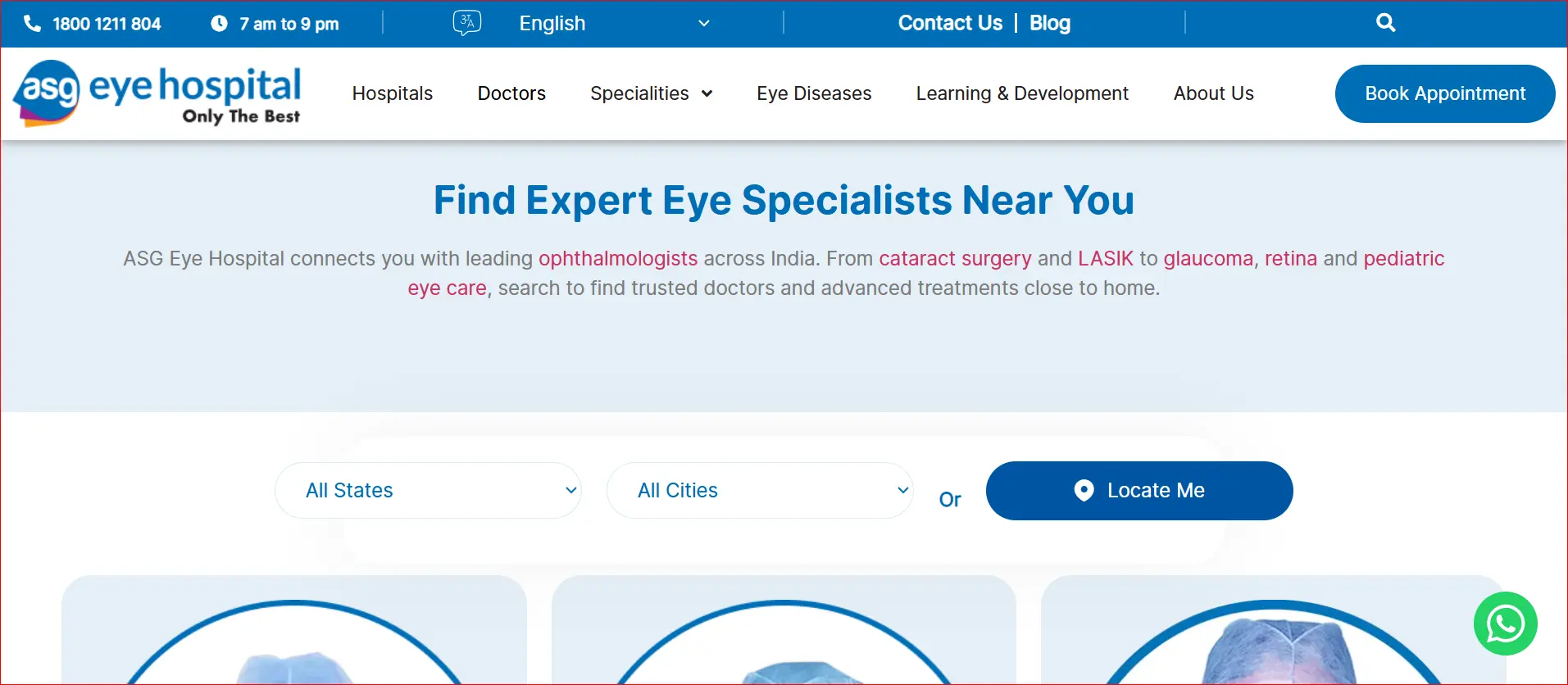 ASG Eye Hospital doctor finder page helping patients connect with ophthalmologists, cataract surgeons and LASIK specialists across India