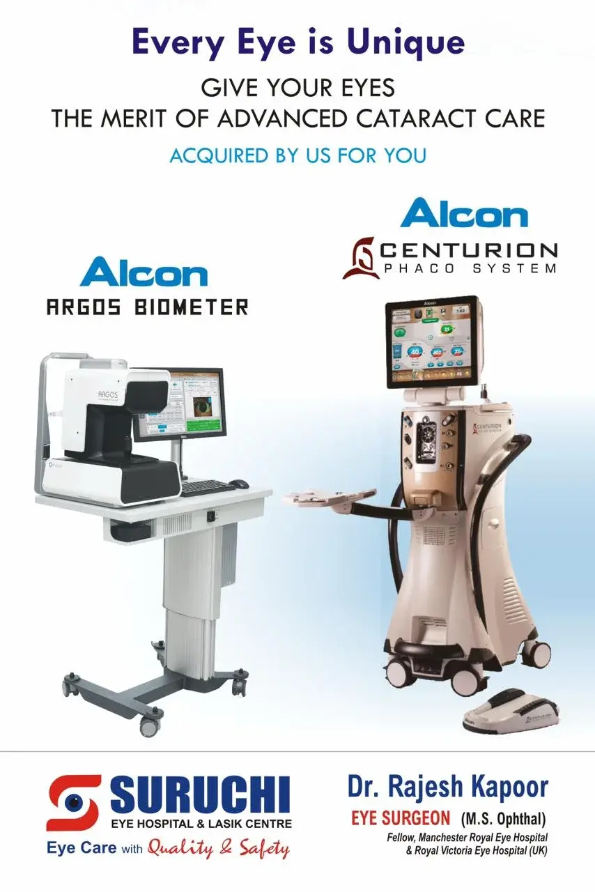 Advanced cataract surgery technology featuring Alcon Argos Biometer and Alcon Centurion Phaco System at Suruchi Eye Hospital & Lasik Centre