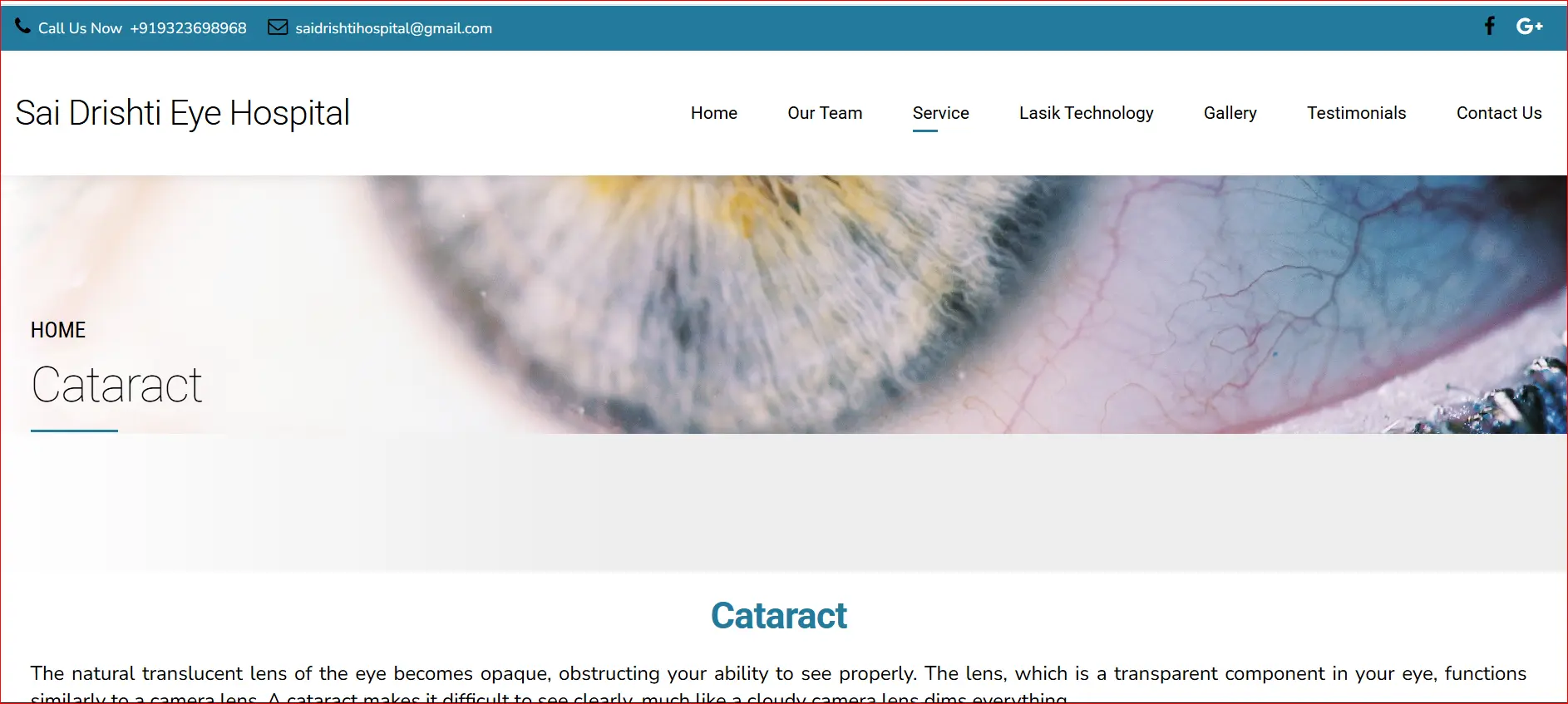 Cataract treatment information page at Sai Drishti Eye Hospital explaining cataract symptoms, causes and advanced surgical options