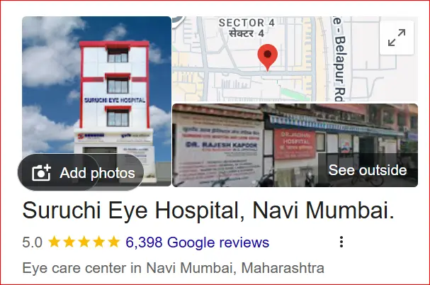 Google Business Profile listing of Suruchi Eye Hospital in Navi Mumbai showing location, ratings and patient reviews