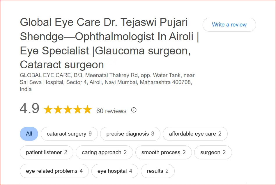 Google reviews profile of Dr. Tejaswi Pujari Shendge, ophthalmologist and cataract surgeon in Airoli, Navi Mumbai showing patient ratings and reviews