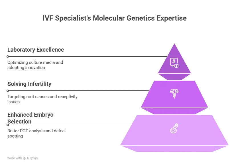 Infographic illustrating molecular genetics expertise in IVF treatment for enhanced embryo selection and infertility management